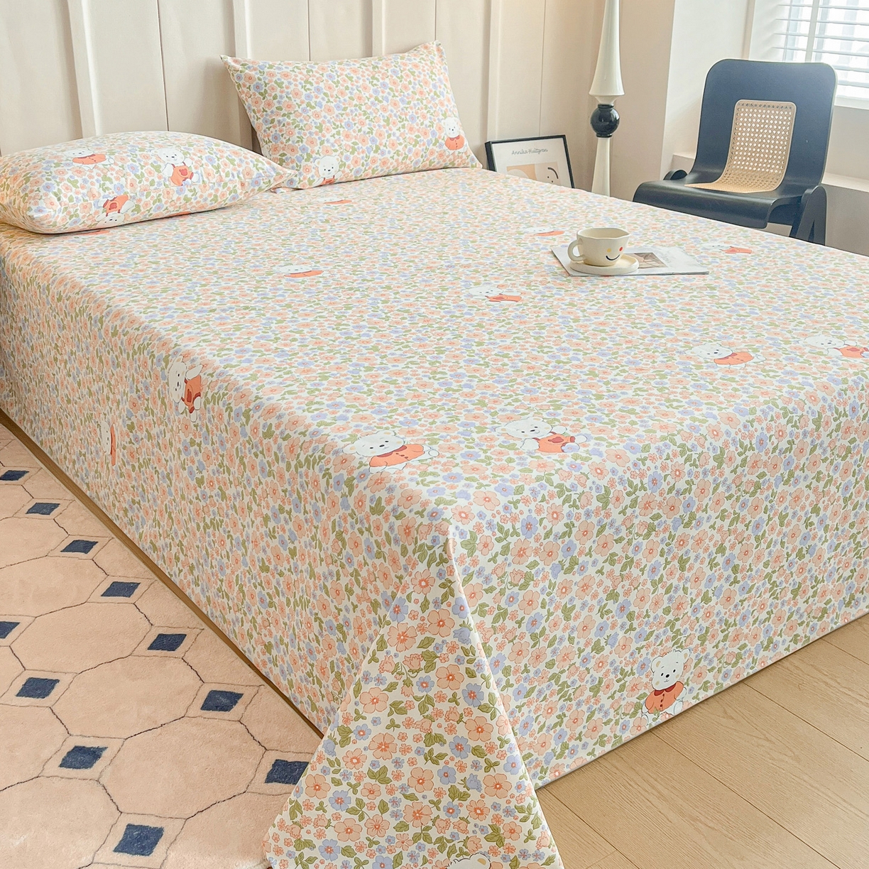 91家纺网 家纺一手货源 找家纺 棉乐町家居2025新款工艺款老粗布床单(量大从优) 花朵熊