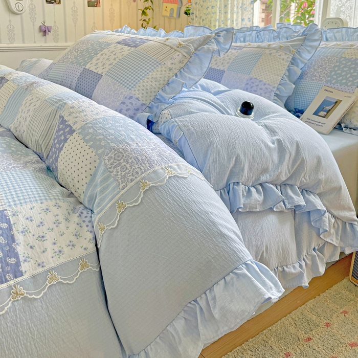 91家纺网 家纺一手货源 找家纺 娜娜 2025新款云感双层纱四件套 花格色谱