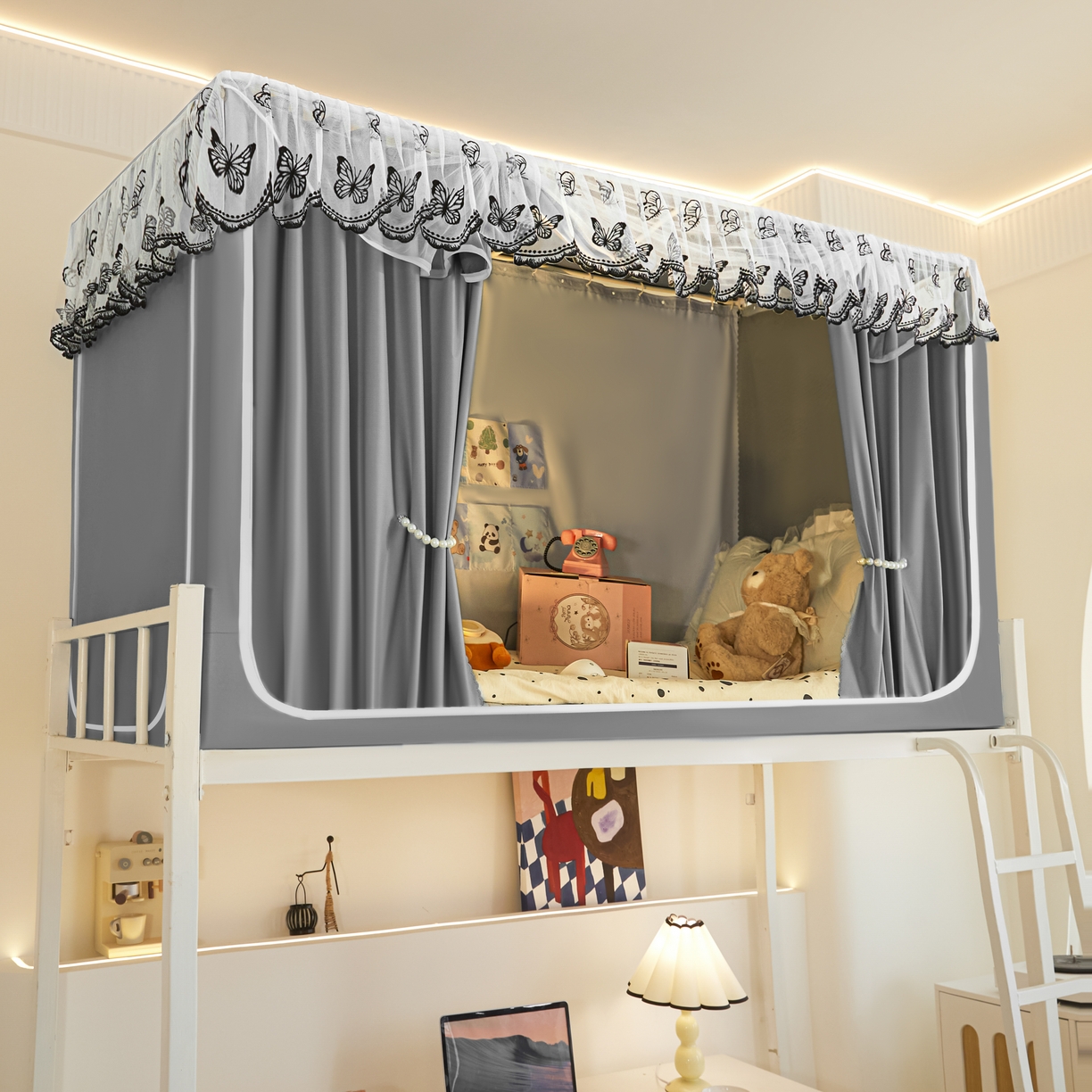 91家纺网 家纺一手货源 找家纺 爱上家居 2025新款学生蚊帐花边款 灰色