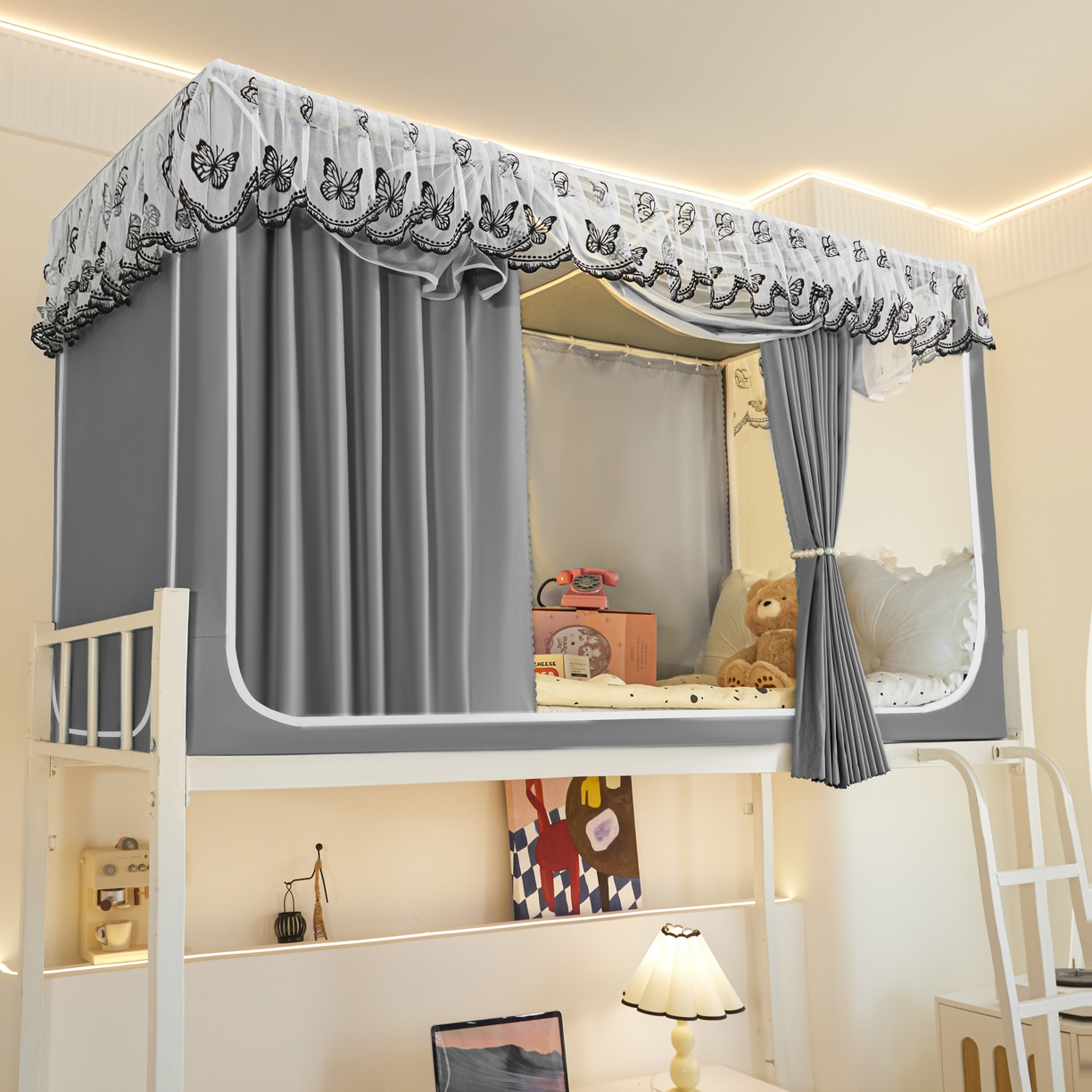 91家纺网 家纺一手货源 找家纺 爱上家居 2025新款学生蚊帐花边款 灰色