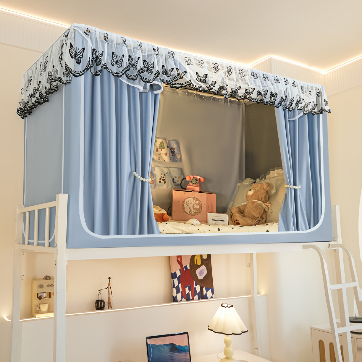 91家纺网 家纺一手货源 找家纺 爱上家居 2025新款学生蚊帐花边款 蓝色