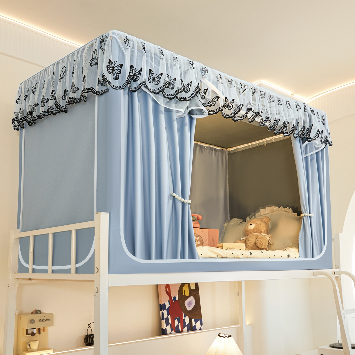 91家纺网 家纺一手货源 找家纺 爱上家居 2025新款学生蚊帐花边款 蓝色