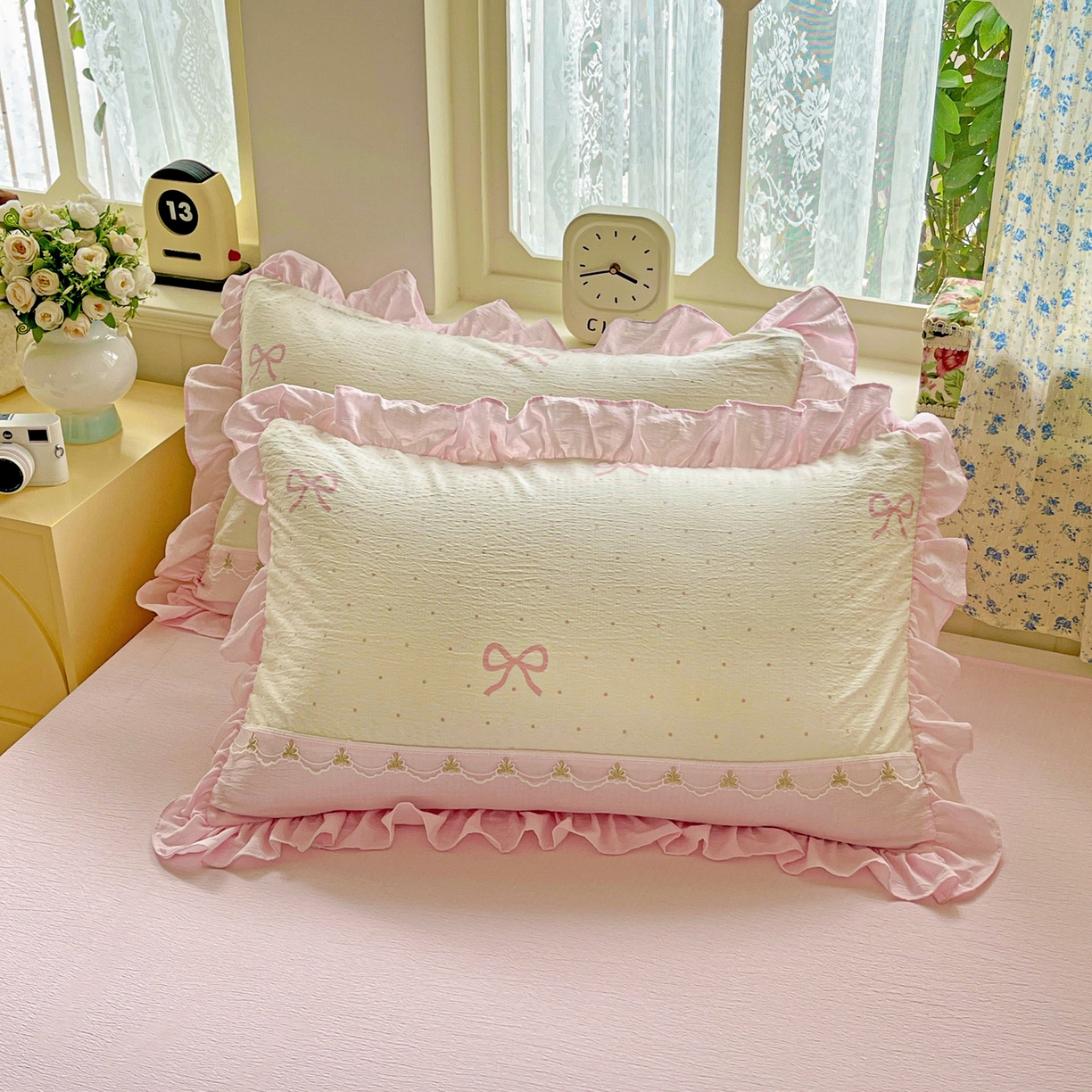 91家纺网 家纺一手货源 找家纺 娜娜 2025新款云感双层纱四件套 蝶轮粉语