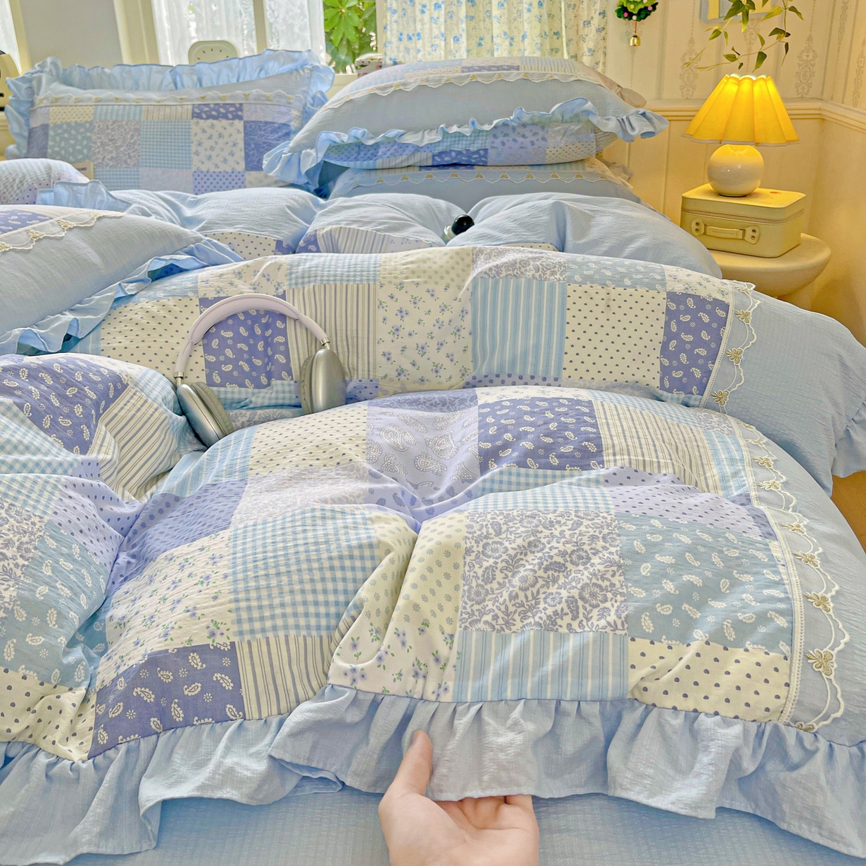 91家纺网 家纺一手货源 找家纺 娜娜 2025新款云感双层纱四件套 格蓝絮语