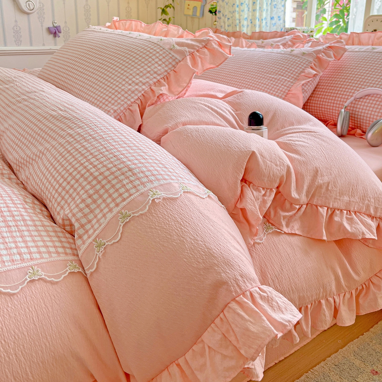 娜娜 2025新款云感双层纱四件套 花格色谱