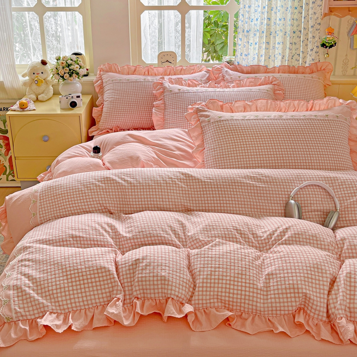 91家纺网 家纺一手货源 找家纺 娜娜 2025新款云感双层纱四件套 花格色谱