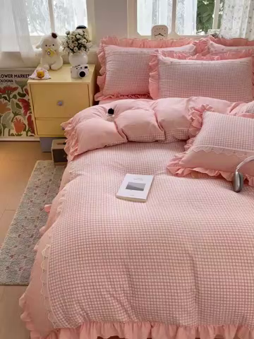 91家纺网 家纺一手货源 找家纺 娜娜 2025新款云感双层纱四件套 花格色谱