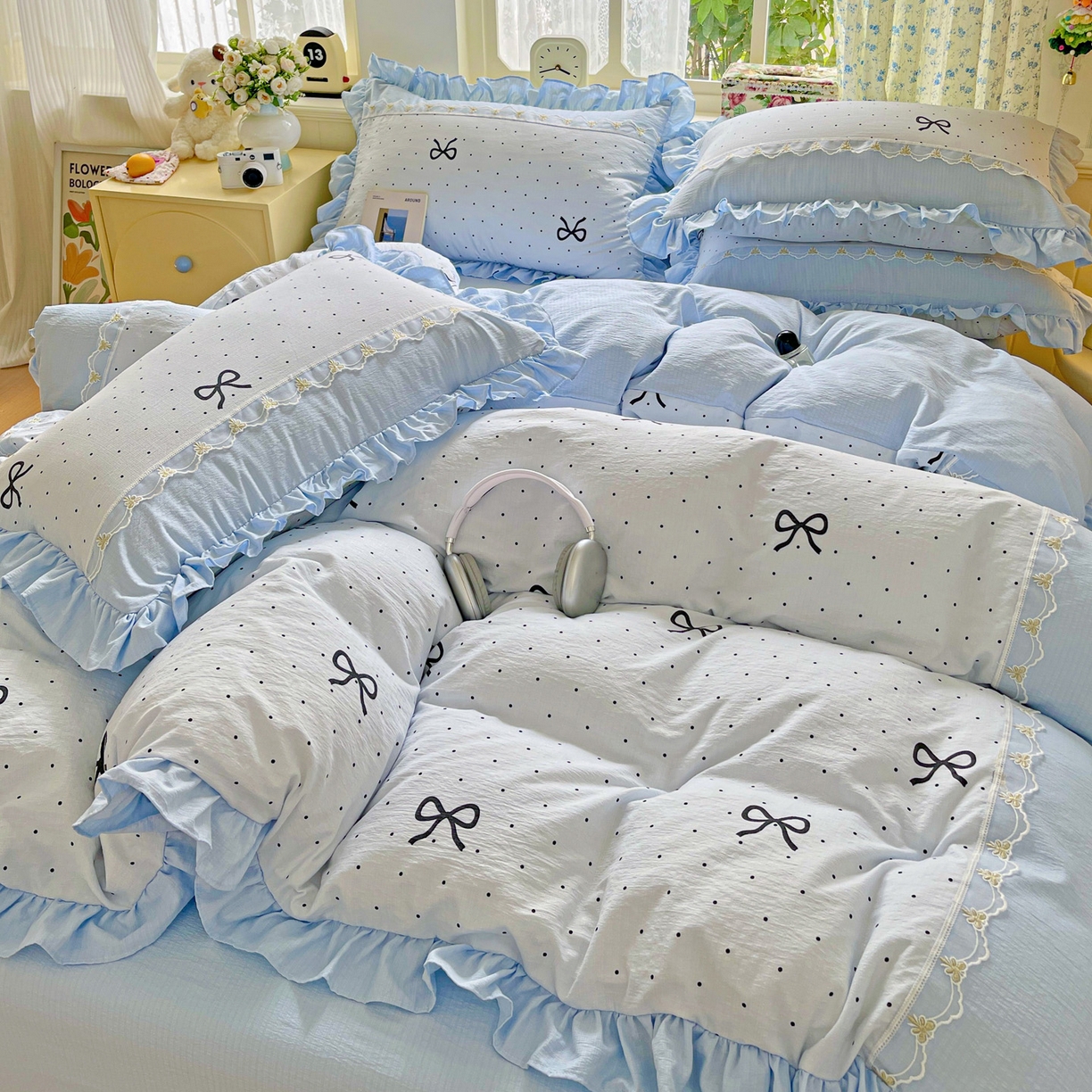 91家纺网 家纺一手货源 找家纺 娜娜 2025新款云感双层纱四件套 蓝蝶波雨