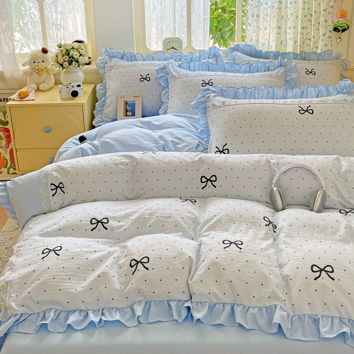 91家纺网 家纺一手货源 找家纺 娜娜 2025新款云感双层纱四件套 蓝蝶波雨