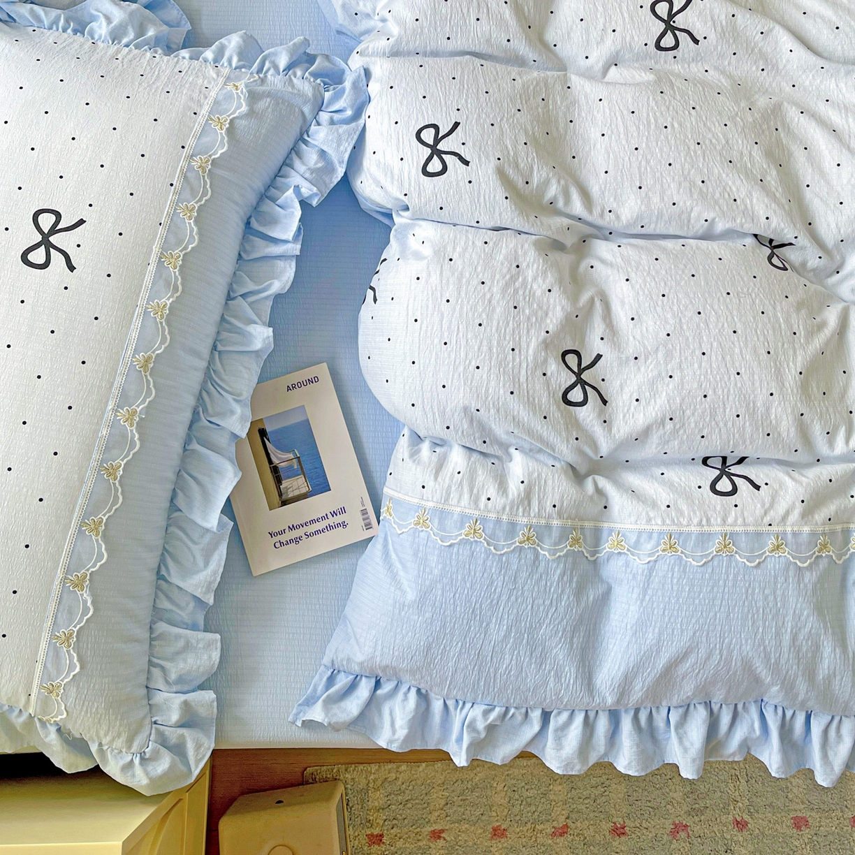 91家纺网 家纺一手货源 找家纺 娜娜 2025新款云感双层纱四件套 蓝蝶波雨