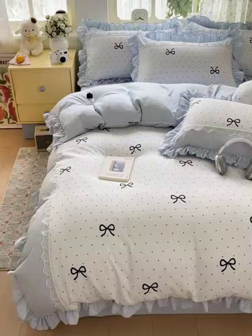 91家纺网 家纺一手货源 找家纺 娜娜 2025新款云感双层纱四件套 蓝蝶波雨