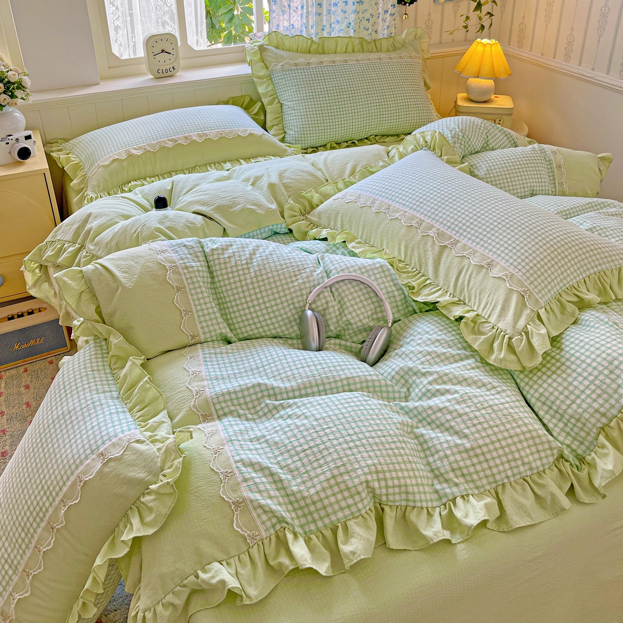 91家纺网 家纺一手货源 找家纺 娜娜 2025新款云感双层纱四件套 像素花园