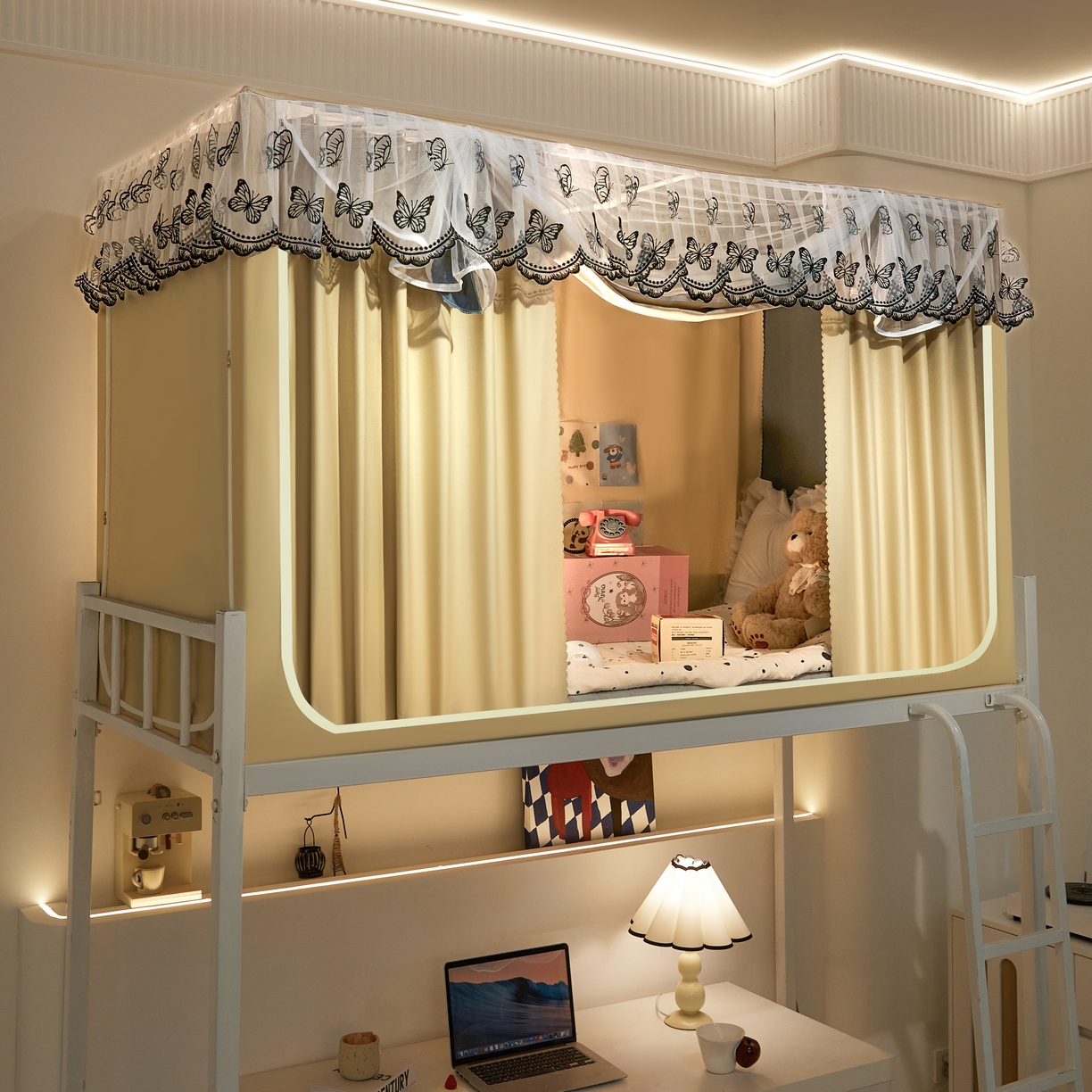 91家纺网 家纺一手货源 找家纺 爱上家居 2025新款学生蚊帐花边款 米白