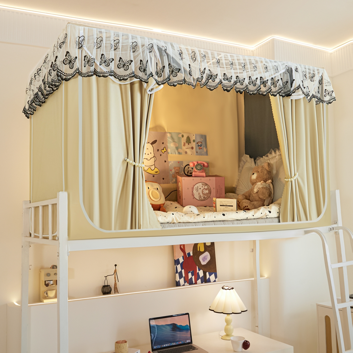 91家纺网 家纺一手货源 找家纺 爱上家居 2025新款学生蚊帐花边款 米白