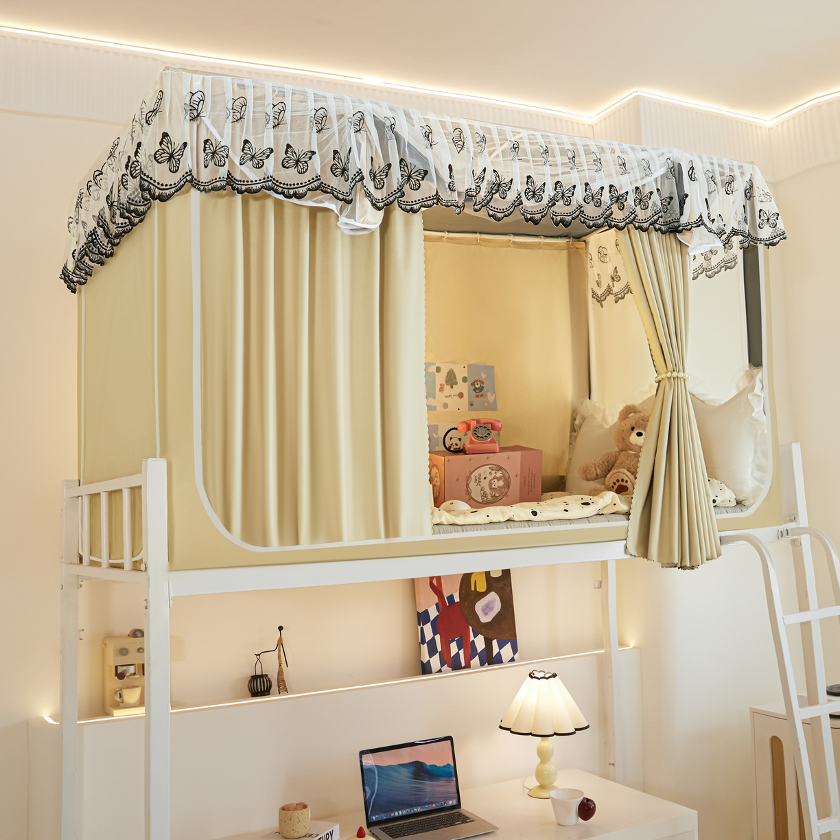 91家纺网 家纺一手货源 找家纺 爱上家居 2025新款学生蚊帐花边款 米白