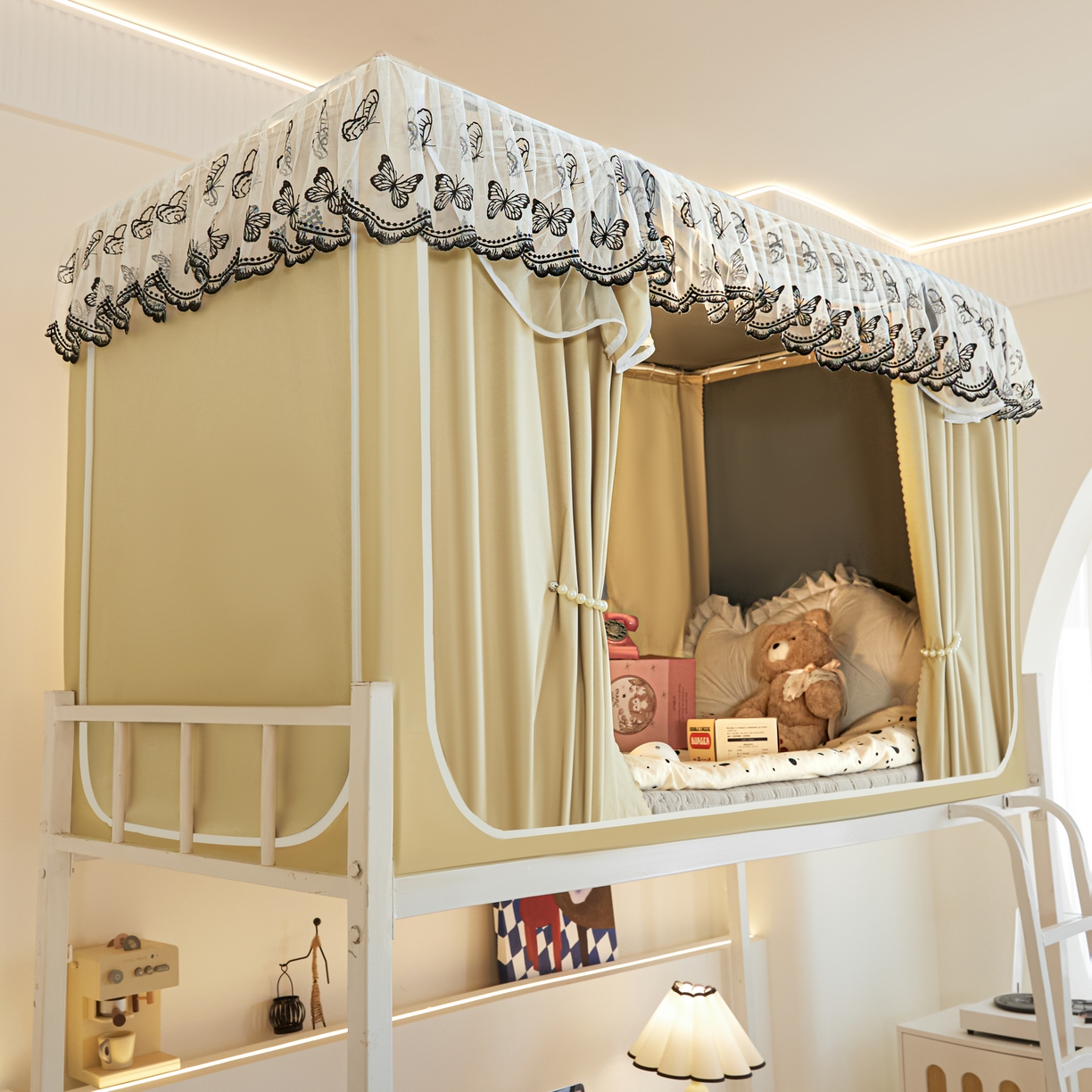 91家纺网 家纺一手货源 找家纺 爱上家居 2025新款学生蚊帐花边款 米白