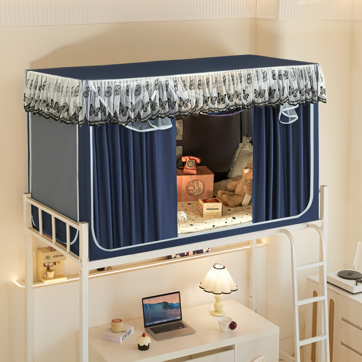 91家纺网 家纺一手货源 找家纺 爱上家居 2025新款学生蚊帐花边款 藏青