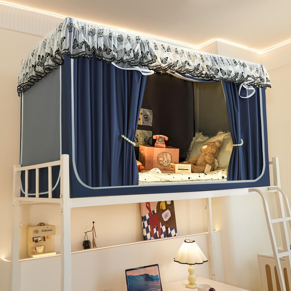 91家纺网 家纺一手货源 找家纺 爱上家居 2025新款学生蚊帐花边款 藏青