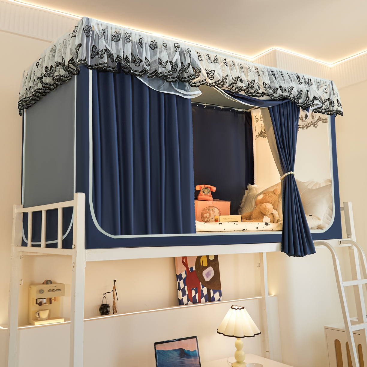 91家纺网 家纺一手货源 找家纺 爱上家居 2025新款学生蚊帐花边款 藏青