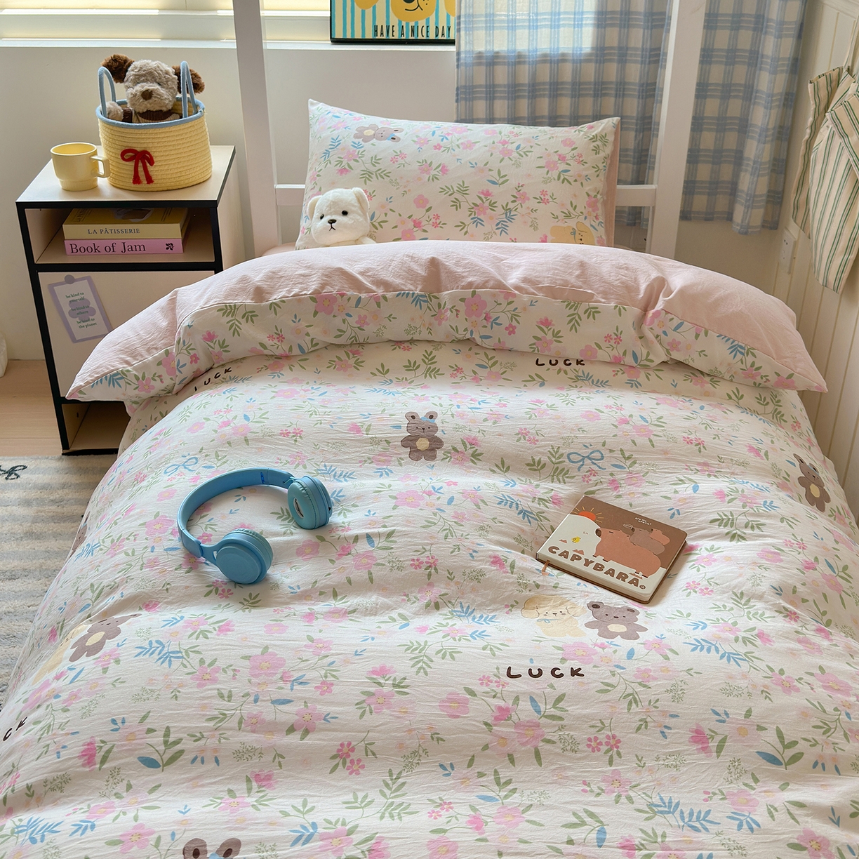 91家纺网 家纺一手货源 找家纺 沐芷 2025 开学季学生宿舍三件套 水洗棉四件套被套床单 花仙兔兔