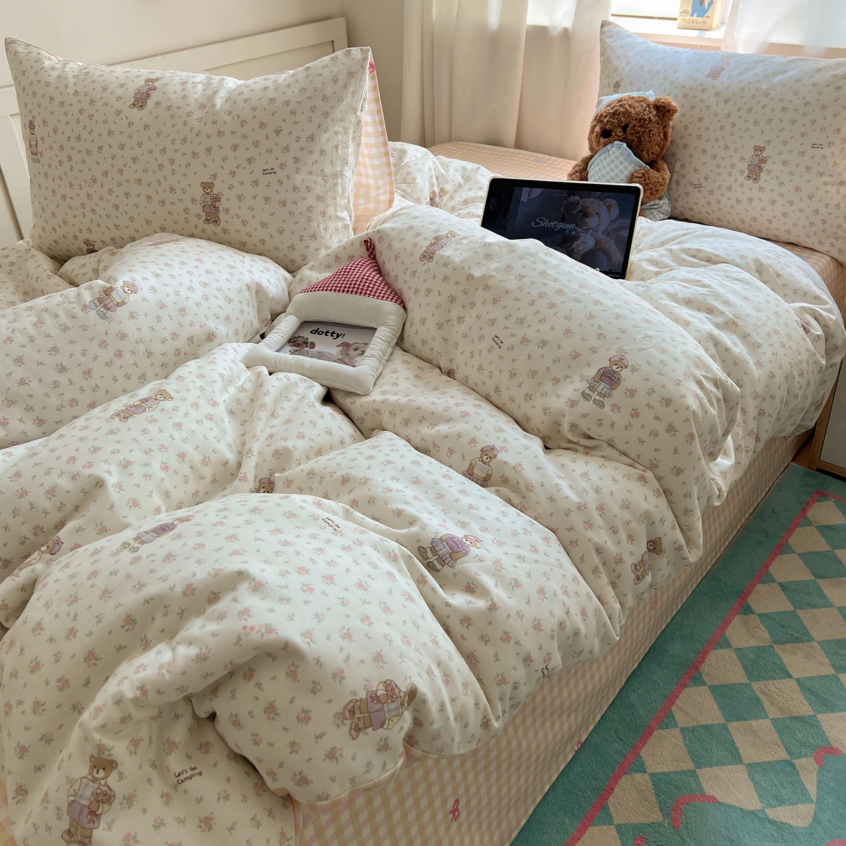 六巷胡同 2025新款INS卡通减龄可爱风全棉四件套（开学季系列） 花草知趣熊