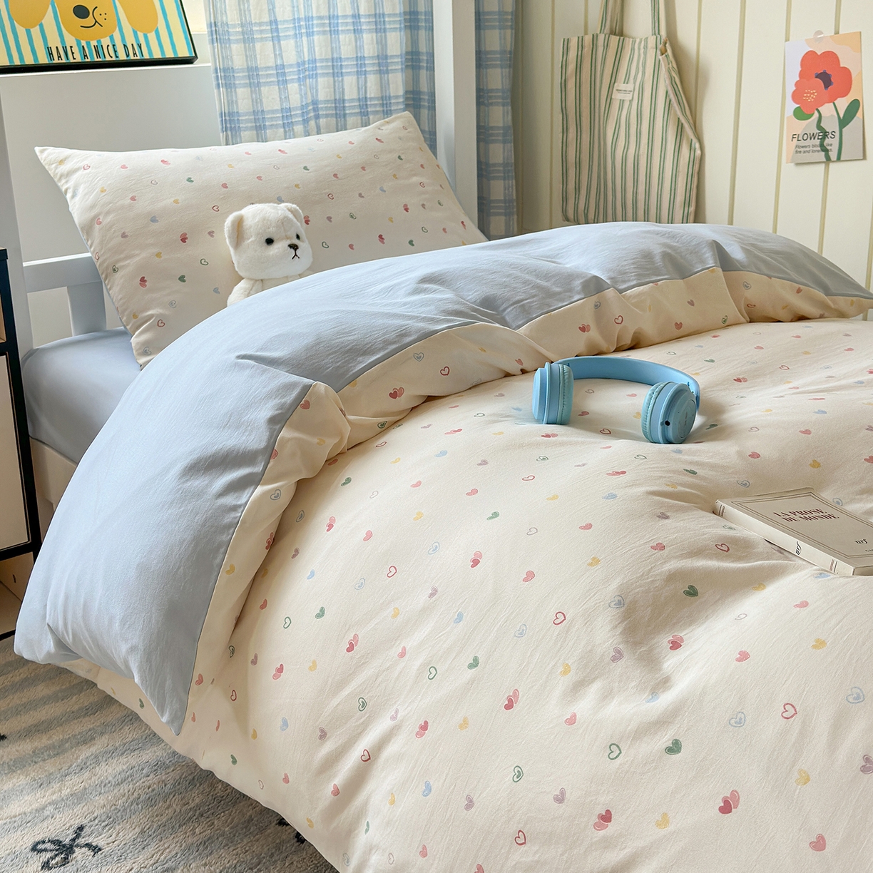 91家纺网 家纺一手货源 找家纺 沐芷 2025 开学季学生宿舍三件套 水洗棉四件套被套床单 爱情手礼