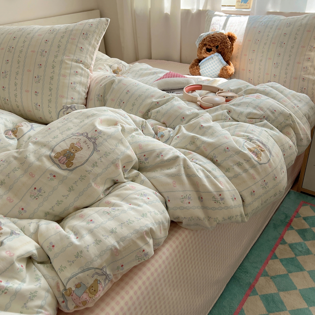 六巷胡同 2025新款INS卡通减龄可爱风全棉四件套（开学季系列） 丝带花草熊