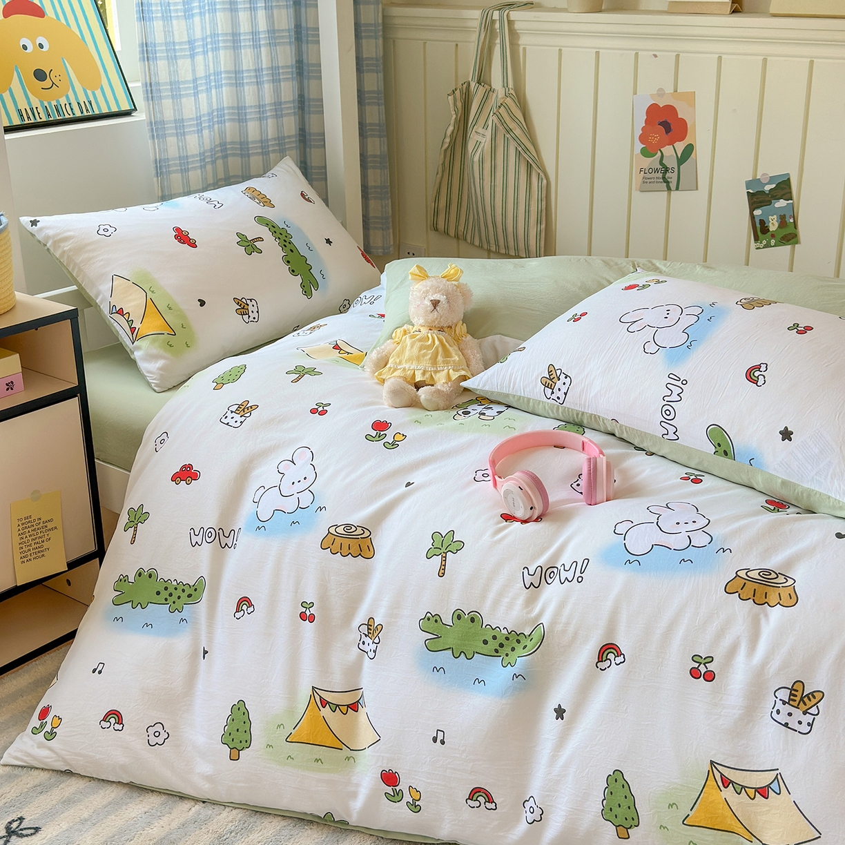 91家纺网 家纺一手货源 找家纺 沐芷 2025 开学季学生宿舍三件套 水洗棉四件套被套床单 动物农场