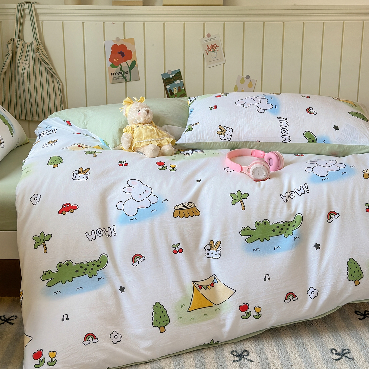 91家纺网 家纺一手货源 找家纺 沐芷 2025 开学季学生宿舍三件套 水洗棉四件套被套床单 动物农场