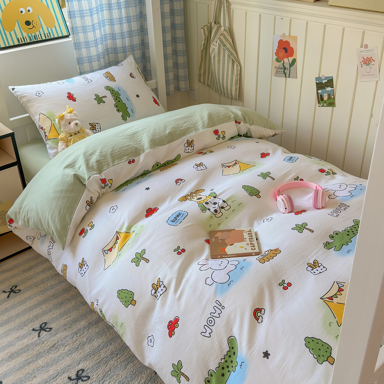 91家纺网 家纺一手货源 找家纺 沐芷 2025 开学季学生宿舍三件套 水洗棉四件套被套床单 动物农场