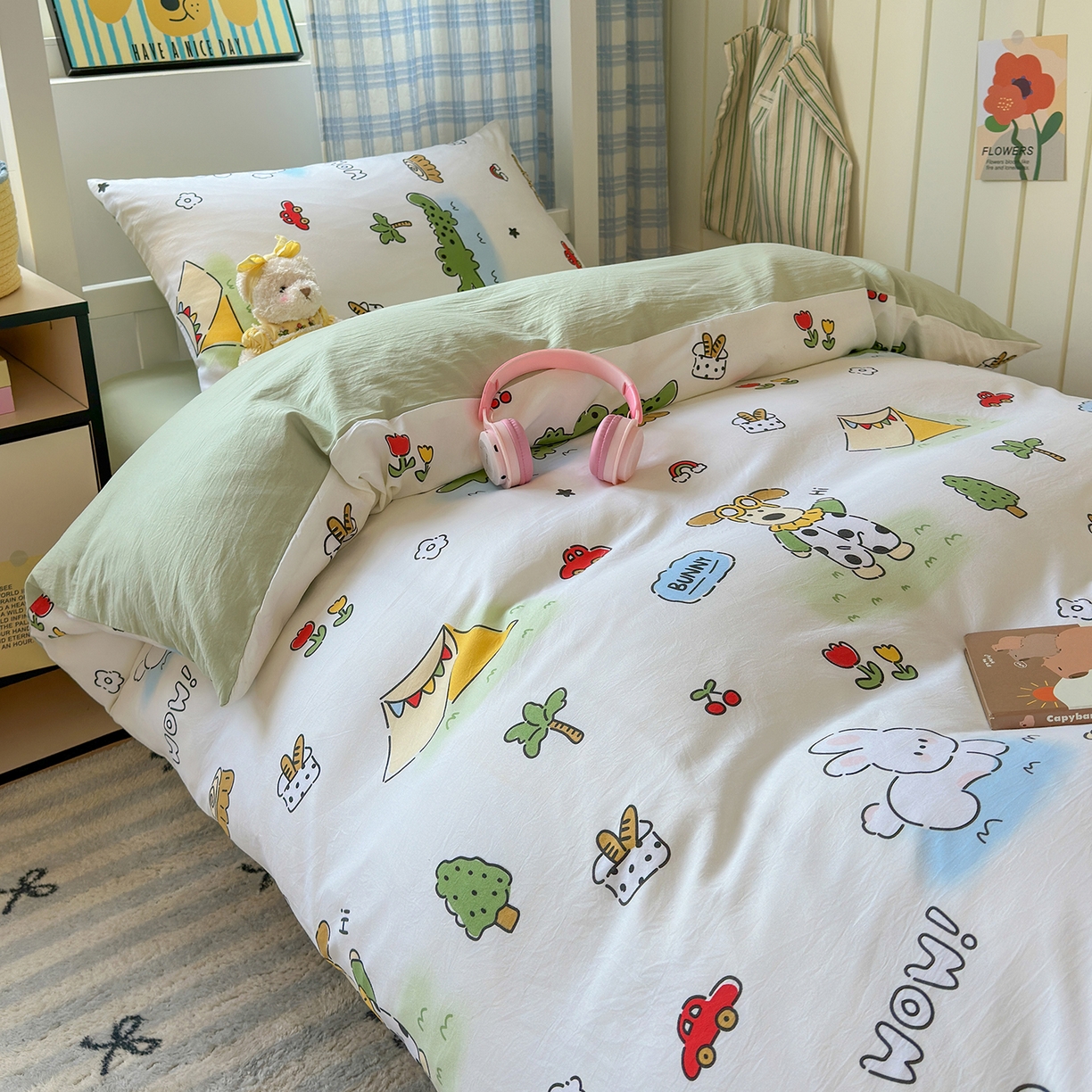 91家纺网 家纺一手货源 找家纺 沐芷 2025 开学季学生宿舍三件套 水洗棉四件套被套床单 动物农场