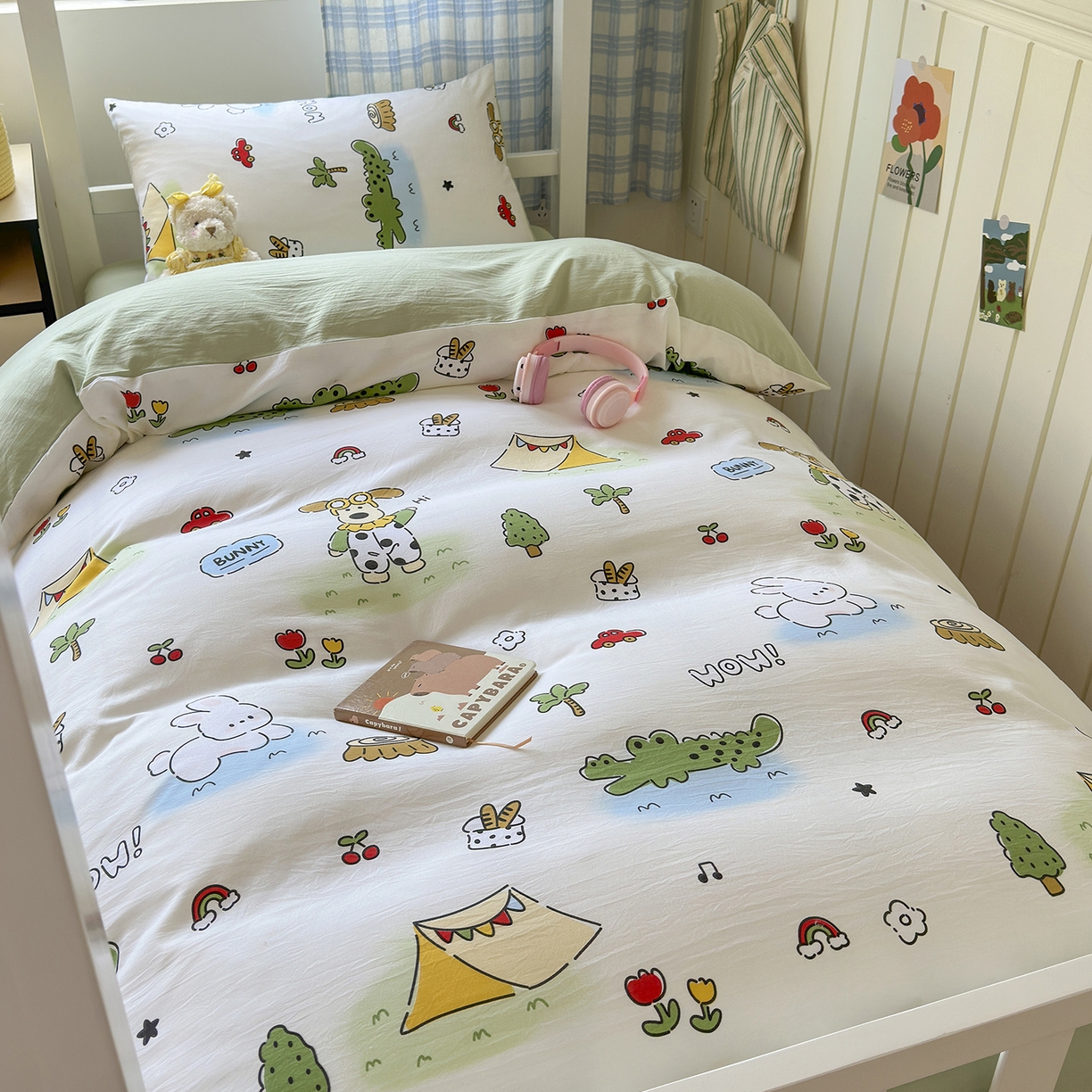 91家纺网 家纺一手货源 找家纺 沐芷 2025 开学季学生宿舍三件套 水洗棉四件套被套床单 动物农场