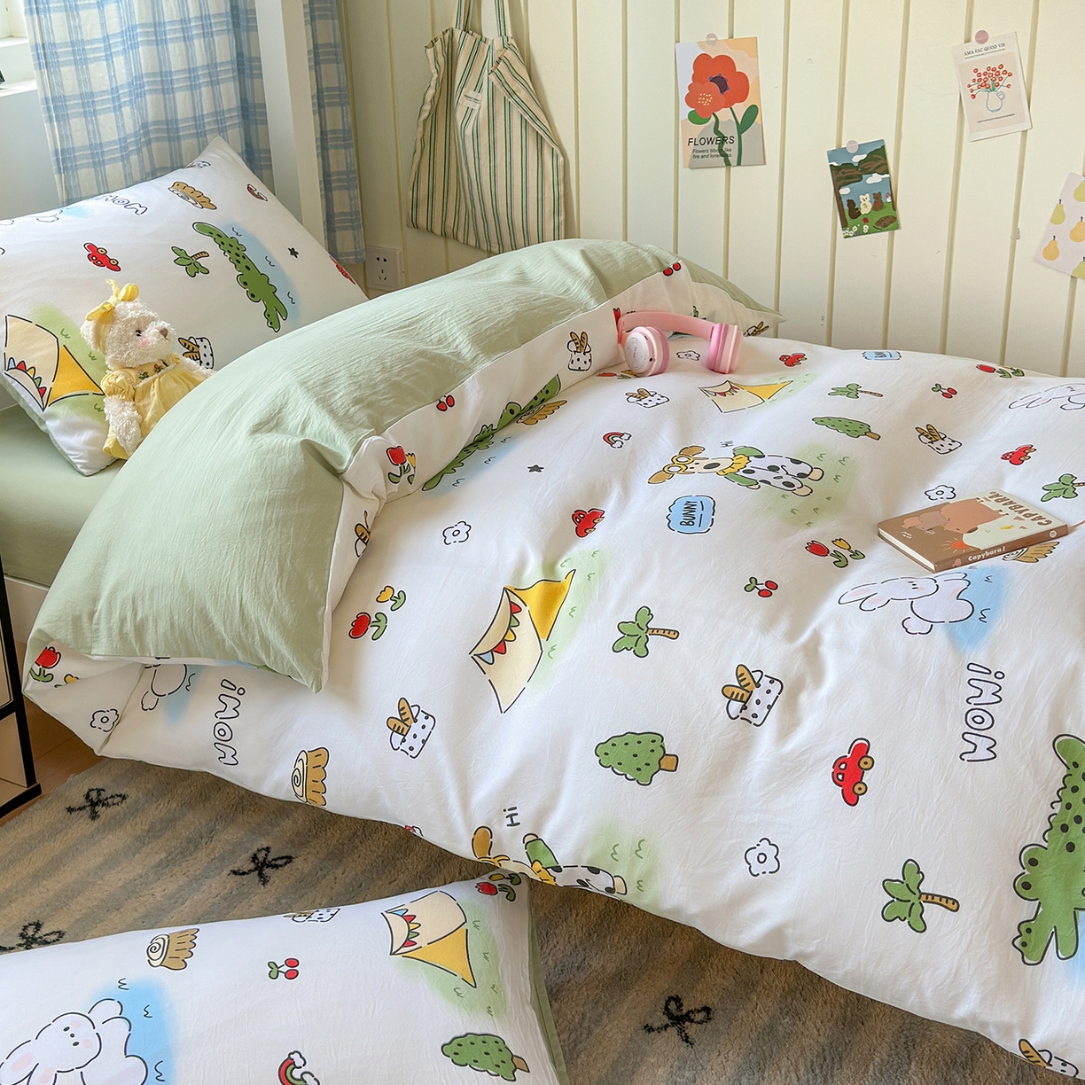 91家纺网 家纺一手货源 找家纺 沐芷 2025 开学季学生宿舍三件套 水洗棉四件套被套床单 动物农场