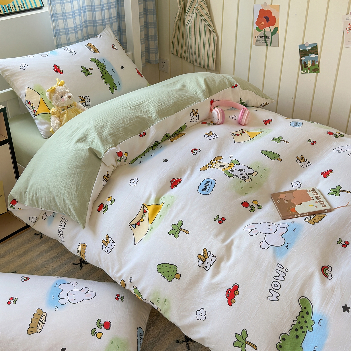 91家纺网 家纺一手货源 找家纺 沐芷 2025 开学季学生宿舍三件套 水洗棉四件套被套床单 动物农场