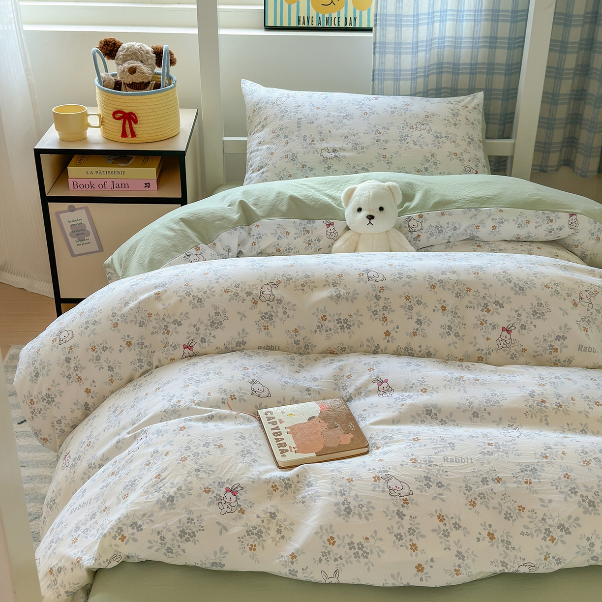 91家纺网 家纺一手货源 找家纺 沐芷 2025 开学季学生宿舍三件套 水洗棉四件套被套床单 繁花兔兔