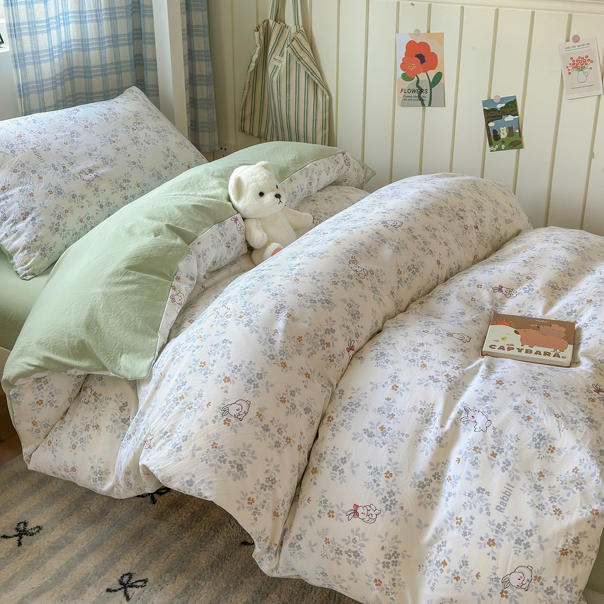 91家纺网 家纺一手货源 找家纺 沐芷 2025 开学季学生宿舍三件套 水洗棉四件套被套床单 繁花兔兔