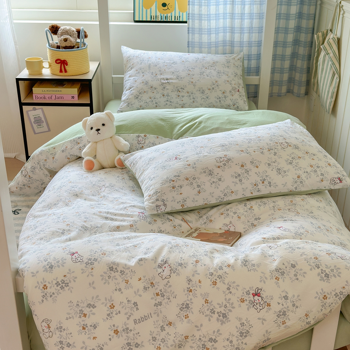 91家纺网 家纺一手货源 找家纺 沐芷 2025 开学季学生宿舍三件套 水洗棉四件套被套床单 繁花兔兔