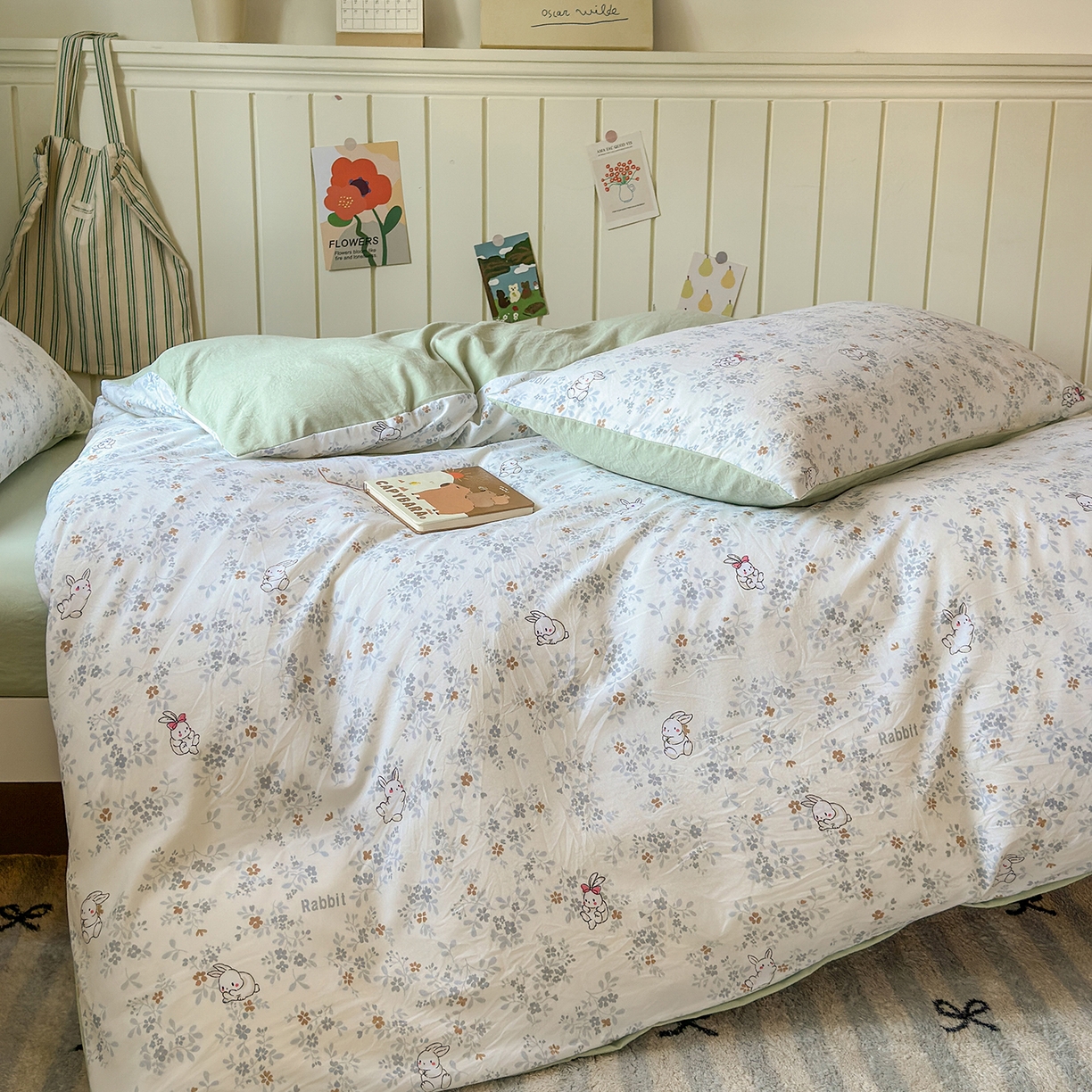 91家纺网 家纺一手货源 找家纺 沐芷 2025 开学季学生宿舍三件套 水洗棉四件套被套床单 繁花兔兔