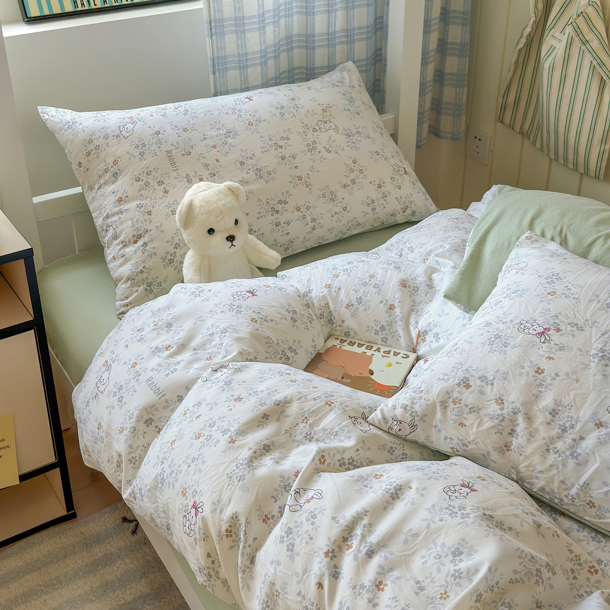 91家纺网 家纺一手货源 找家纺 沐芷 2025 开学季学生宿舍三件套 水洗棉四件套被套床单 繁花兔兔