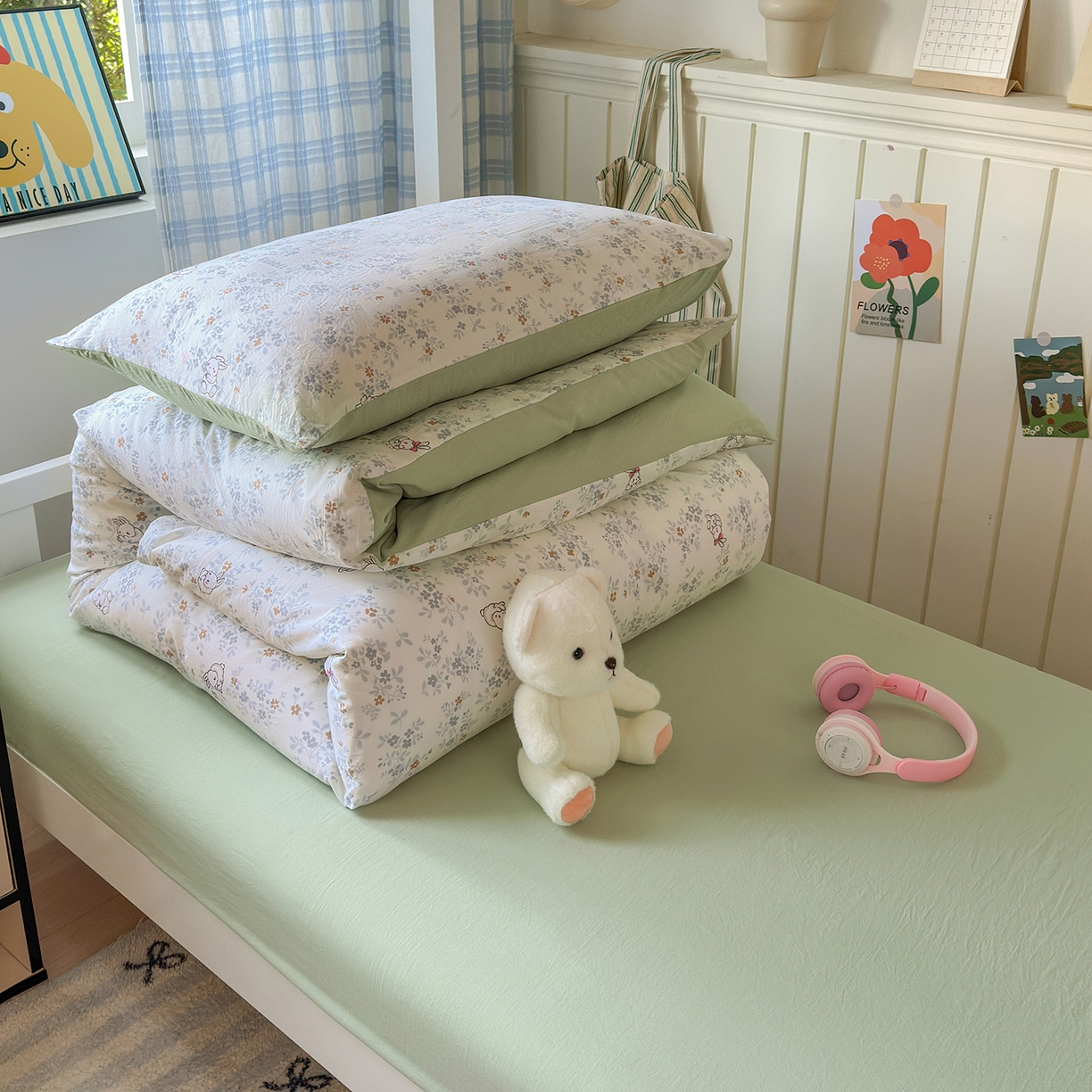 91家纺网 家纺一手货源 找家纺 沐芷 2025 开学季学生宿舍三件套 水洗棉四件套被套床单 繁花兔兔