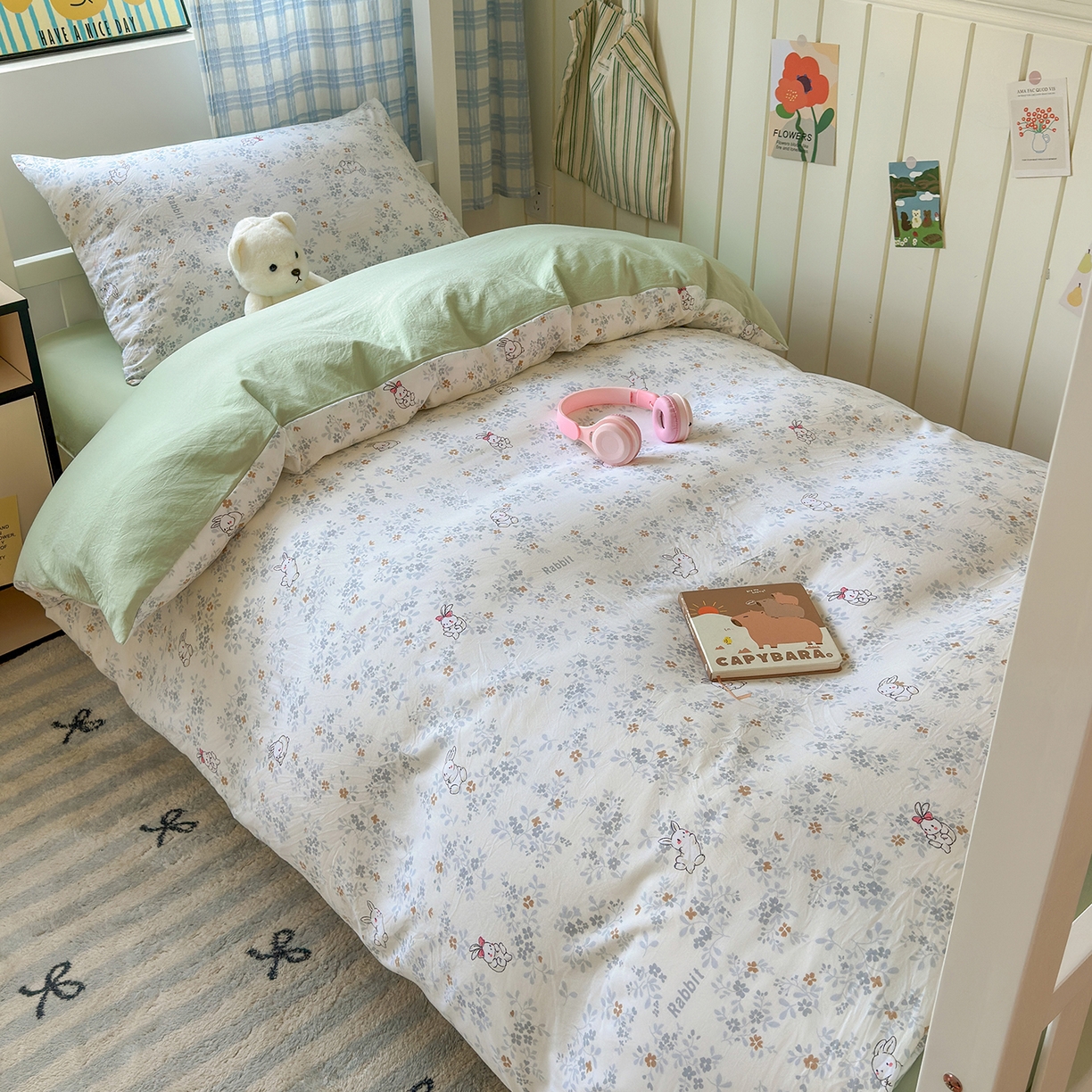 91家纺网 家纺一手货源 找家纺 沐芷 2025 开学季学生宿舍三件套 水洗棉四件套被套床单 繁花兔兔