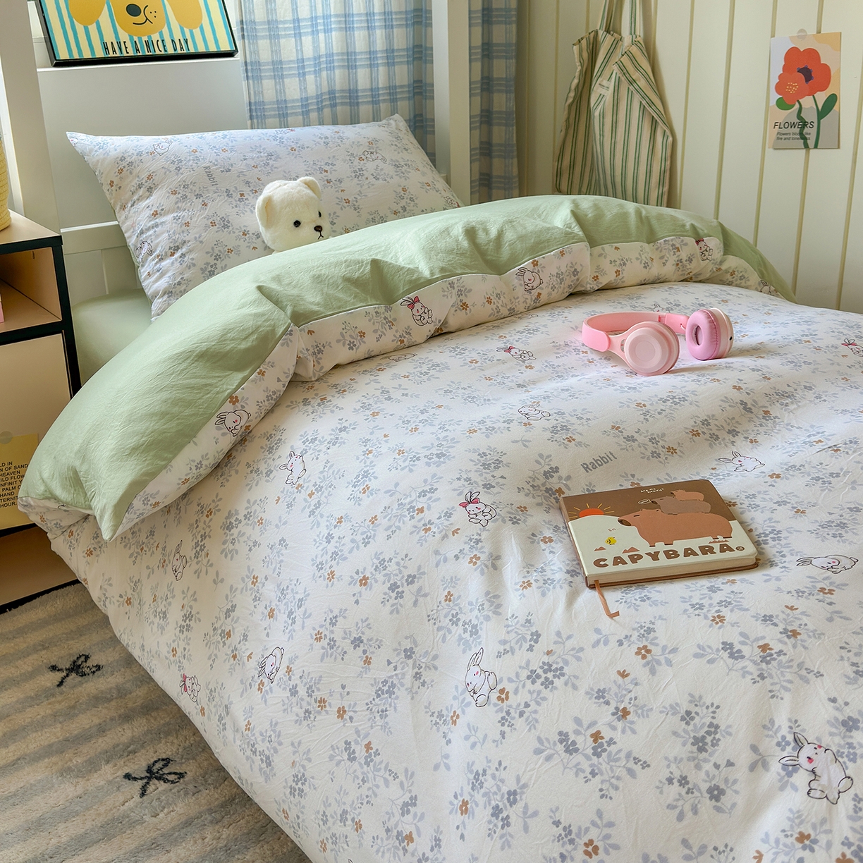 91家纺网 家纺一手货源 找家纺 沐芷 2025 开学季学生宿舍三件套 水洗棉四件套被套床单 繁花兔兔