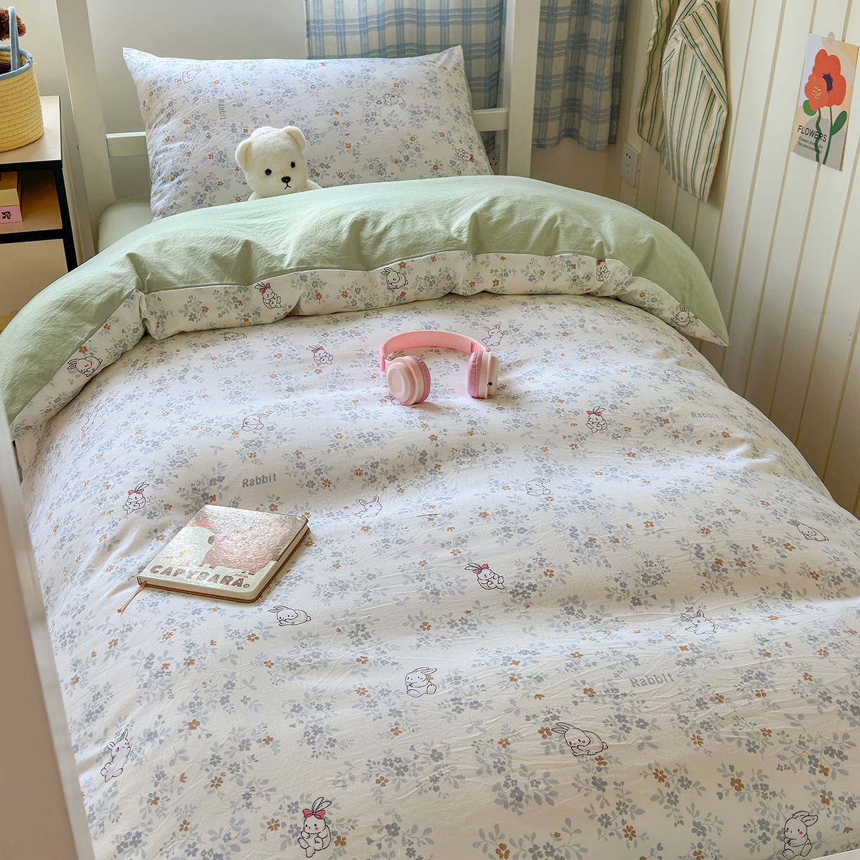 91家纺网 家纺一手货源 找家纺 沐芷 2025 开学季学生宿舍三件套 水洗棉四件套被套床单 繁花兔兔