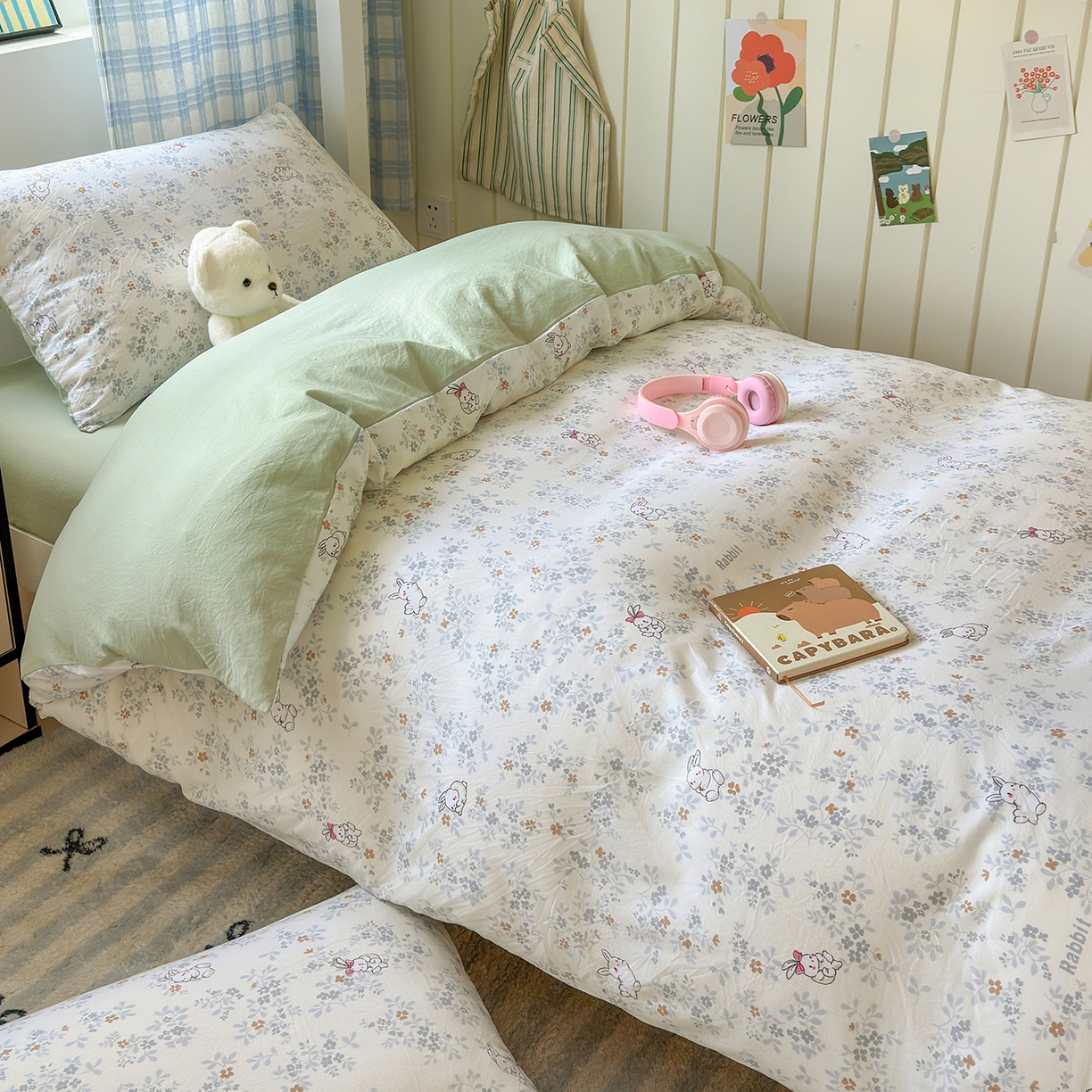 91家纺网 家纺一手货源 找家纺 沐芷 2025 开学季学生宿舍三件套 水洗棉四件套被套床单 繁花兔兔