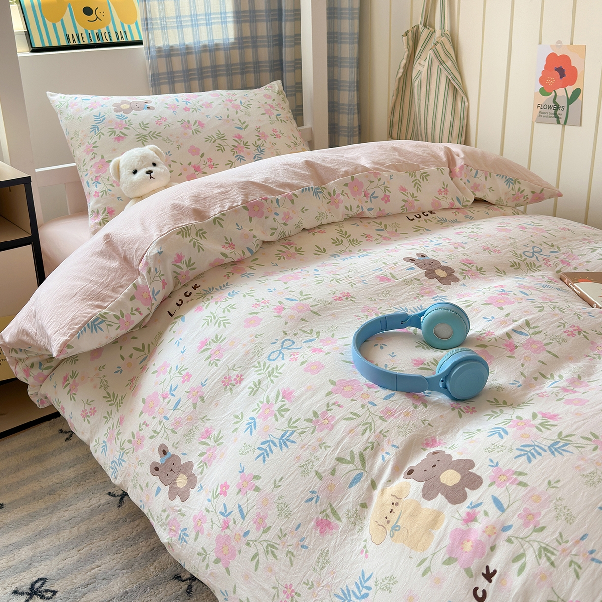 91家纺网 家纺一手货源 找家纺 沐芷 2025 开学季学生宿舍三件套 水洗棉四件套被套床单 花仙兔兔