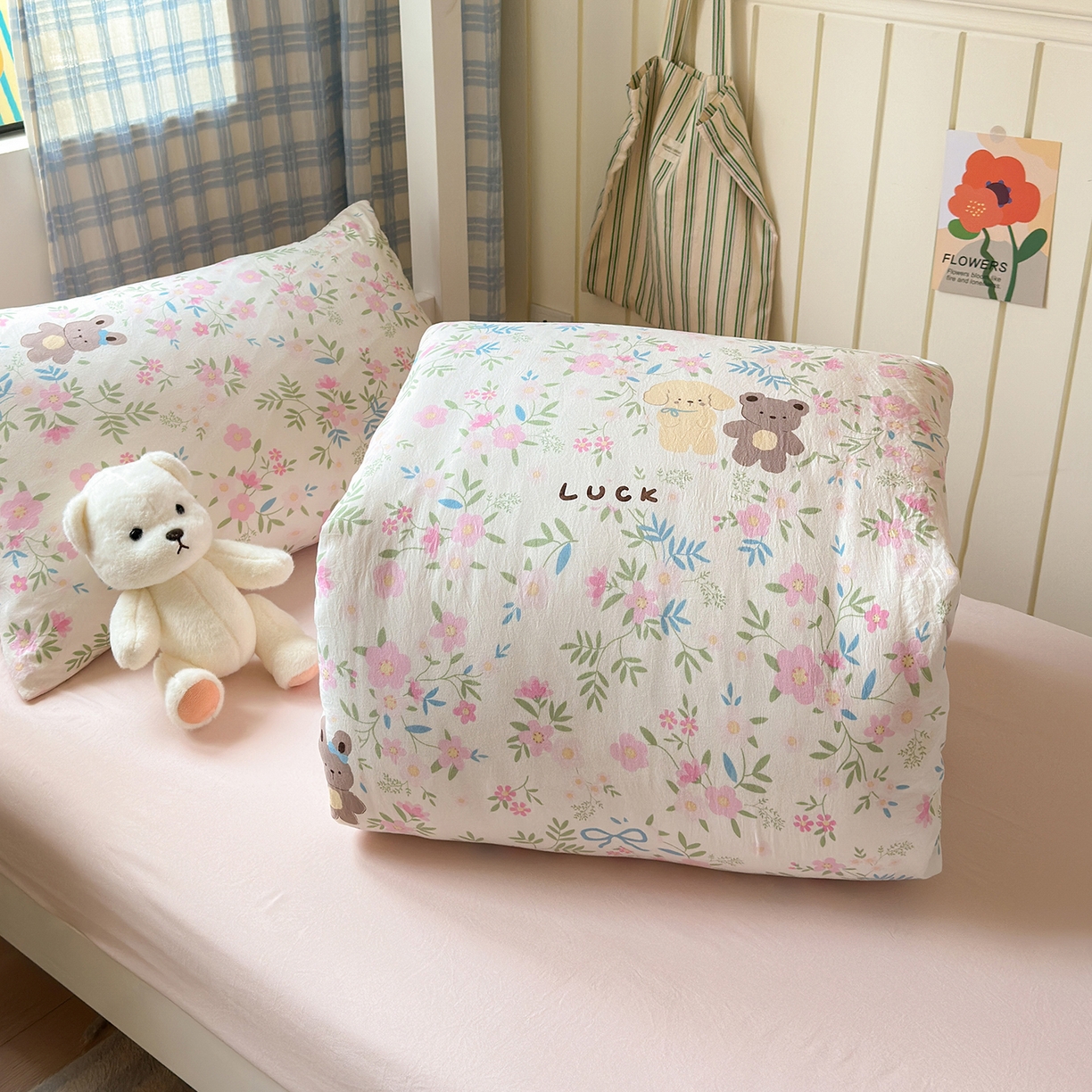 91家纺网 家纺一手货源 找家纺 沐芷 2025 开学季学生宿舍三件套 水洗棉四件套被套床单 花仙兔兔