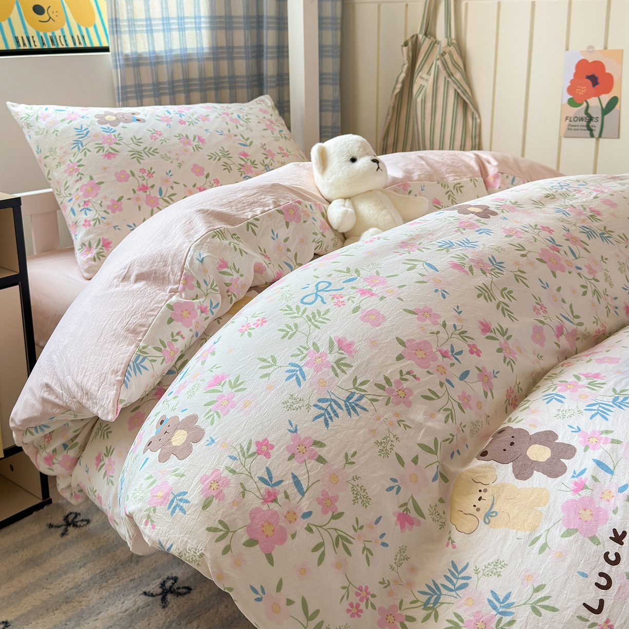 91家纺网 家纺一手货源 找家纺 沐芷 2025 开学季学生宿舍三件套 水洗棉四件套被套床单 花仙兔兔