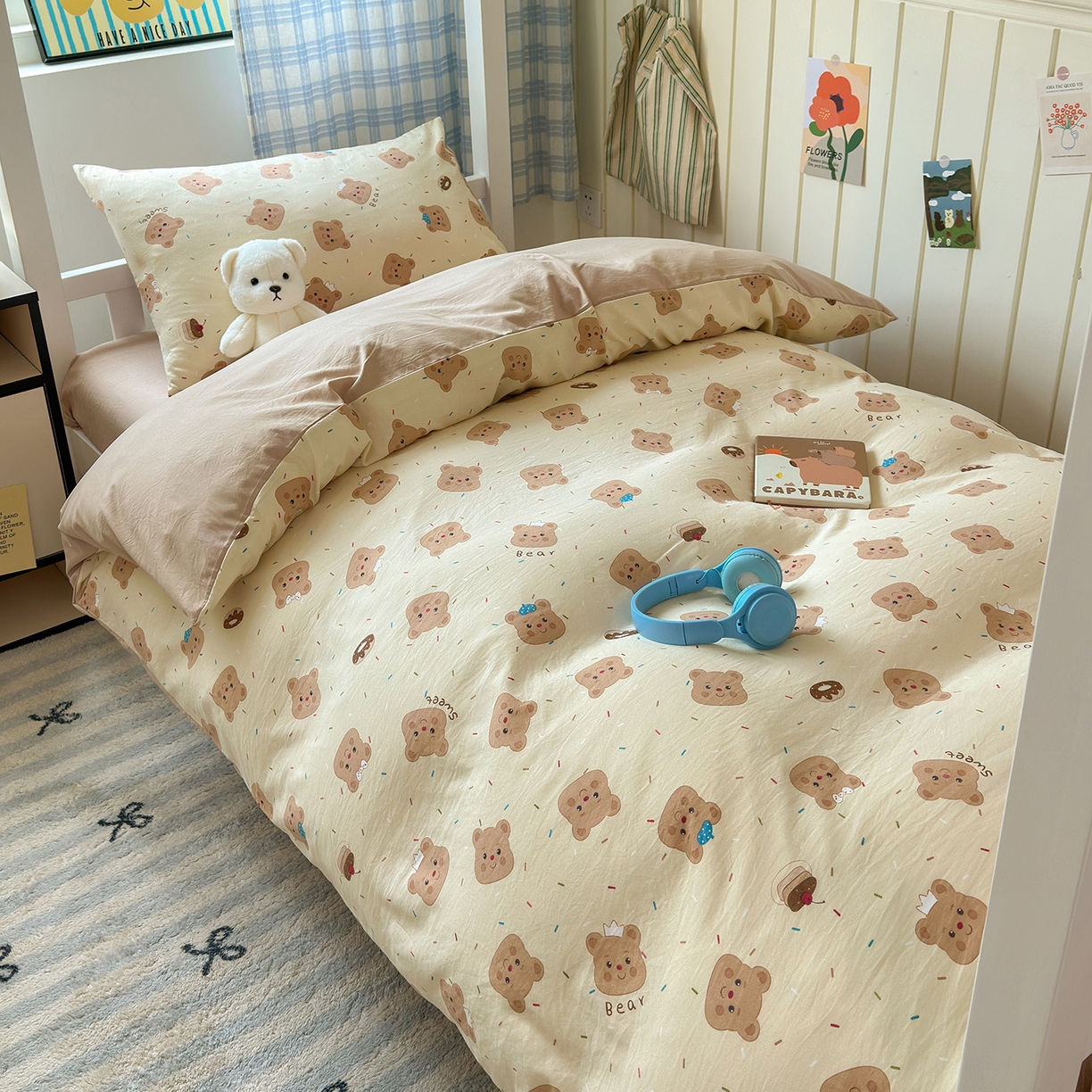 91家纺网 家纺一手货源 找家纺 沐芷 2025 开学季学生宿舍三件套 水洗棉四件套被套床单 黄油小熊