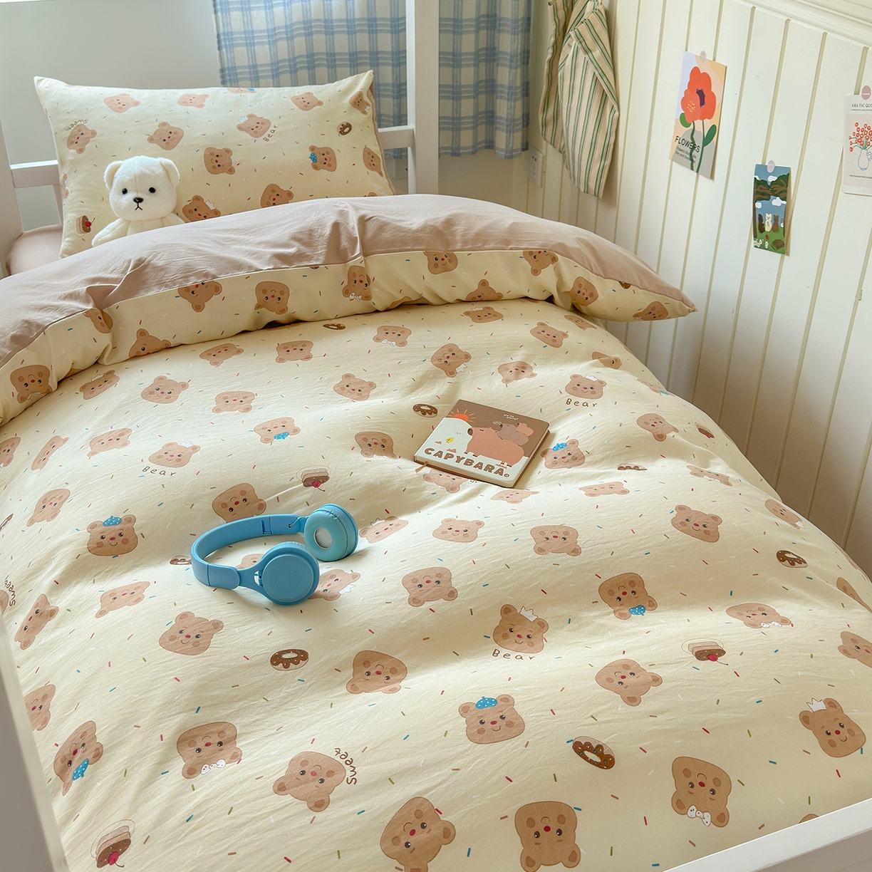 91家纺网 家纺一手货源 找家纺 沐芷 2025 开学季学生宿舍三件套 水洗棉四件套被套床单 黄油小熊