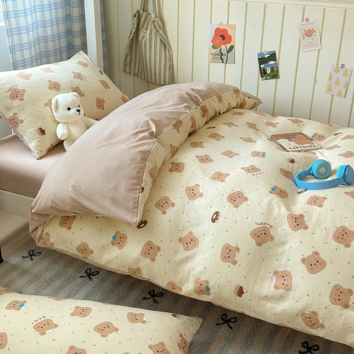 91家纺网 家纺一手货源 找家纺 沐芷 2025 开学季学生宿舍三件套 水洗棉四件套被套床单 黄油小熊